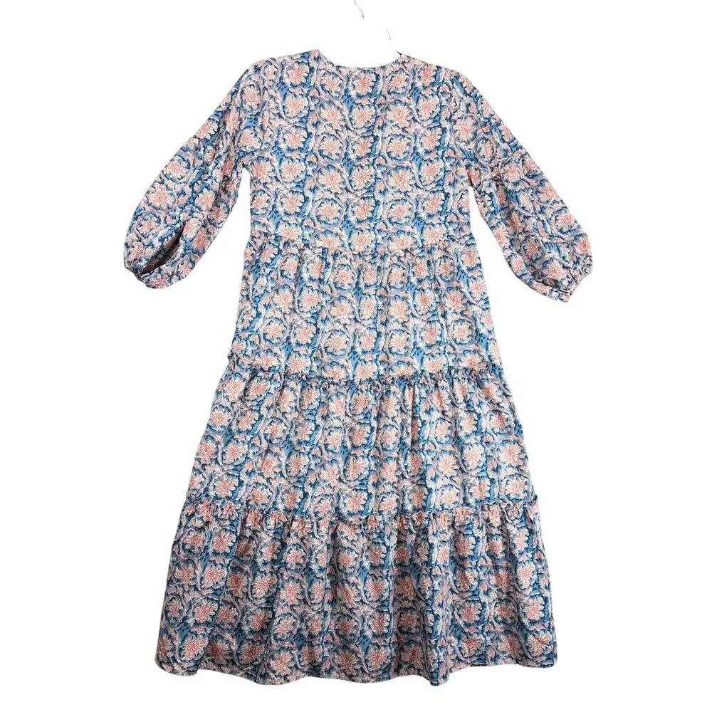 SundayUp Floral Tiered Midi Dress Sz S Puff Sleeves Blue/Orange V-Neck Cottage - Picture 2 of 10